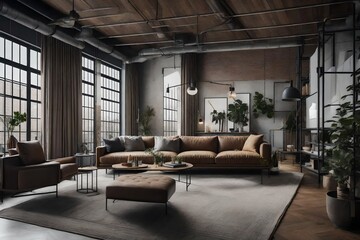 an industrial living room with a neutral color palette of grays and browns