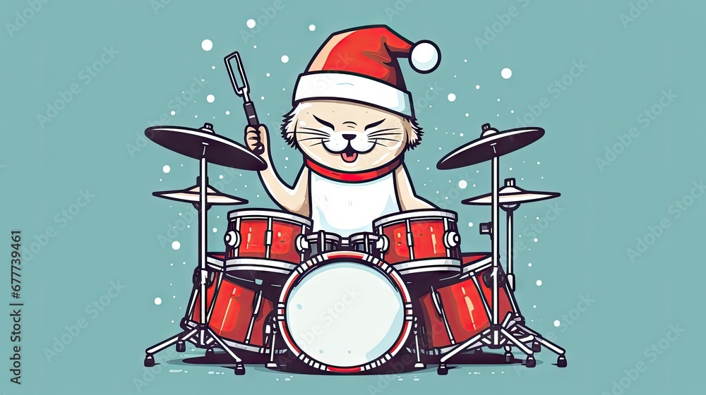 Poster a cat in a santa hat is playing drums on a blue background with snowflakes and snowflakes on the bot