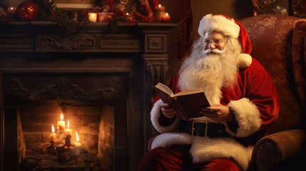  a man dressed as santa claus sitting in a chair reading a book in front of a fireplace with lit candles on the mantel and a christmas tree in the background.  generative ai