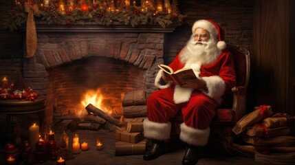  a man dressed as santa claus sitting in a chair reading a book in front of a fireplace with lit candles and a garland of garlands on the mantel.  generative ai