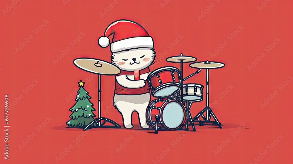 Poster a cat with a santa hat is playing drums in front of a christmas tree and a christmas tree with a dru