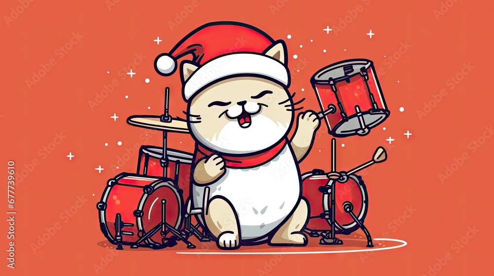 Poster a cat wearing a santa hat and holding a drum set in front of a red background with stars and a drum 