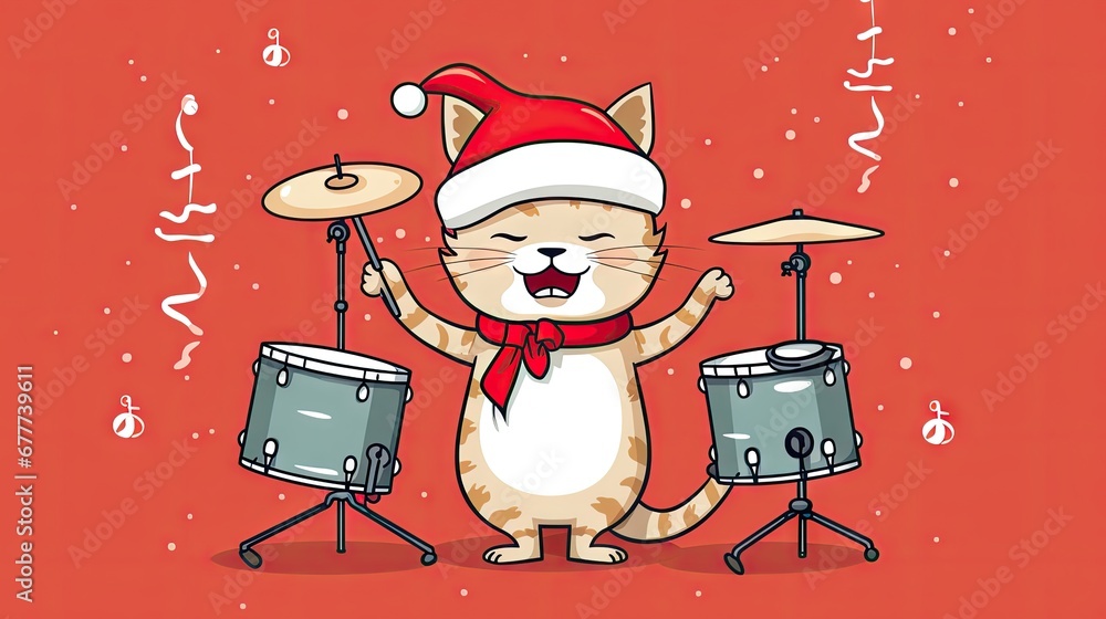 Poster a cat wearing a santa hat and holding a drum set in front of a drum set on a red background with mus