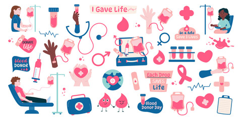 Blood donor collection of hand drawn style and lettering elements, characters