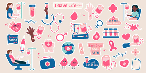 Blood donor stickers collection of hand drawn style and lettering elements, characters - obrazy, fototapety, plakaty