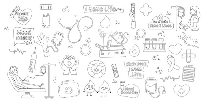 Outline Blood Donor collection of hand drawn style and lettering elements, characters