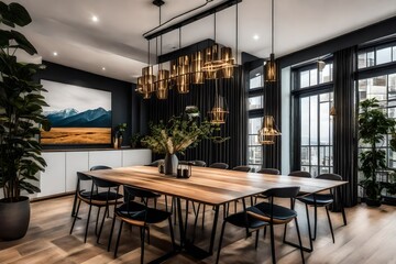 a dining area with minimalist and functional wall art or prints