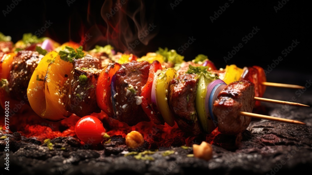Poster a close up of a skewer of meat and veggies on skewers with a lot of sauce on the top of the skewer. 