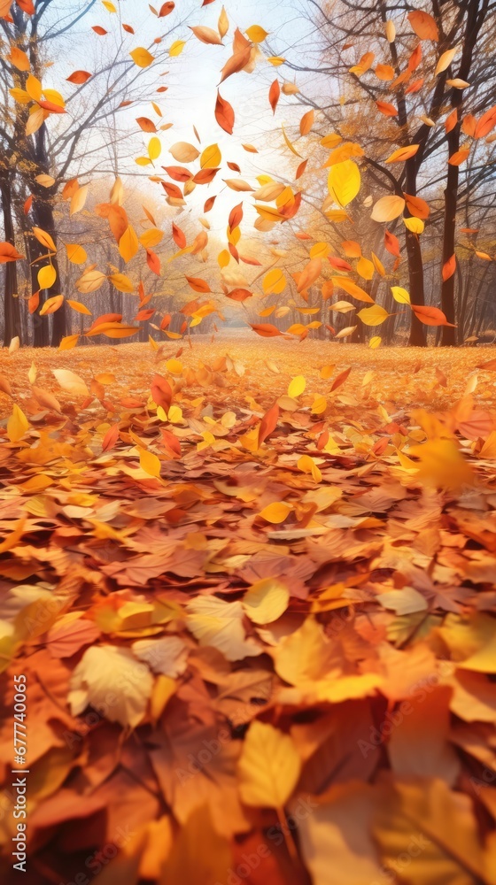 Poster a bunch of leaves that are on the ground in the middle of a park with trees in the background and th