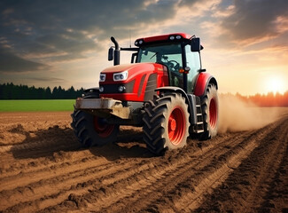 Obraz premium Agricultural red tractor working in the field at sunset