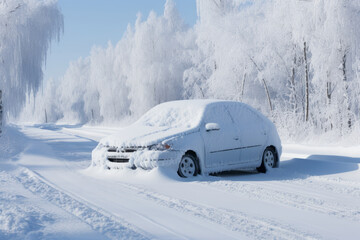 A broken down car is stuck in snow on a snow covered road in winter