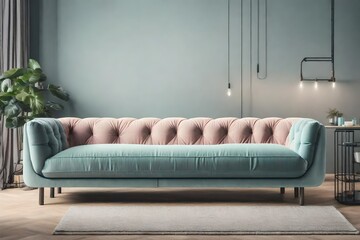 a cozy and inviting industrial sofa with soft, muted pastel colors
