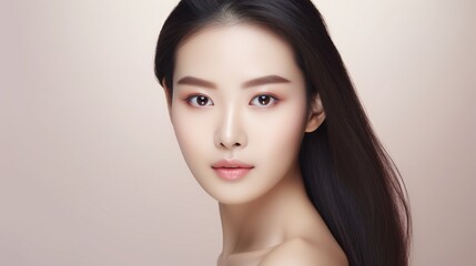 Fototapeta premium On a white background, a beautiful young woman with clean, fresh skin, Face care, facial therapy, cosmetology, beauty and spa, and portraiture of women.