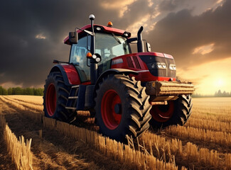 Fototapeta premium Agricultural red tractor working in the field at sunset