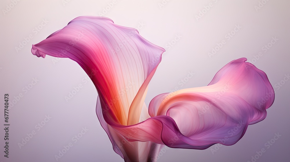 Poster a close up of a pink flower on a white and purple background with a blurry image of a flower in the 