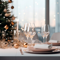 Christmas new year dinner table, champagne wine glasses