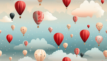 Obraz premium Cute pastel colored Boho seamless pattern with hot air balloons and clouds. Hand drawn balloon in the sky.Pastel neutral shades. Cute baby background. Funny decor for nursery, textiles, clothing, 