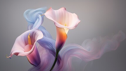  a painting of two flowers on a gray background with a blue and pink smoke trail coming out of the center of the flower and the back of the image is a gray background.  generative ai