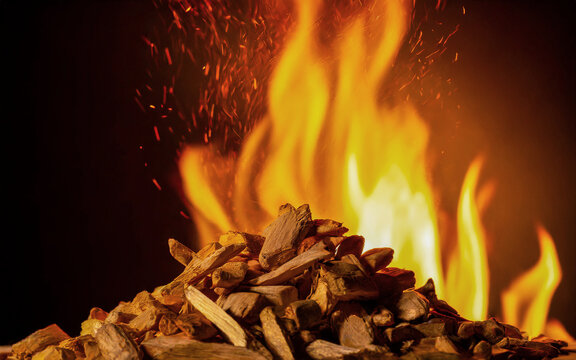 a stack of wooden chips with flames in the background, AI generated