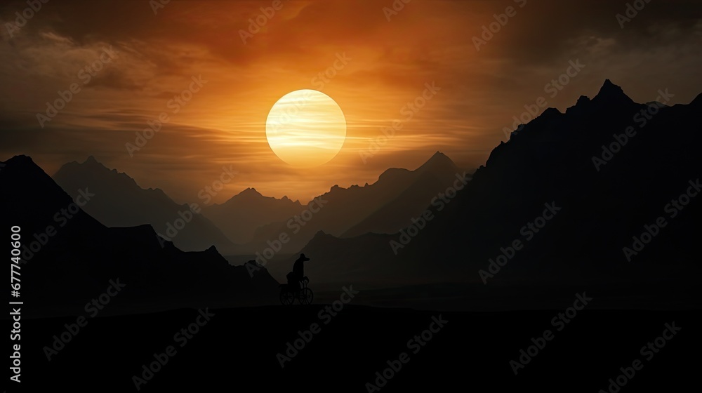 Aufkleber a silhouette of a person riding a horse in front of a mountain range with the sun setting in the sky
