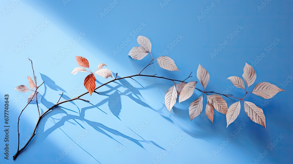 Poster a branch of a tree with leaves and a shadow of a branch on a blue background with a shadow of a bran