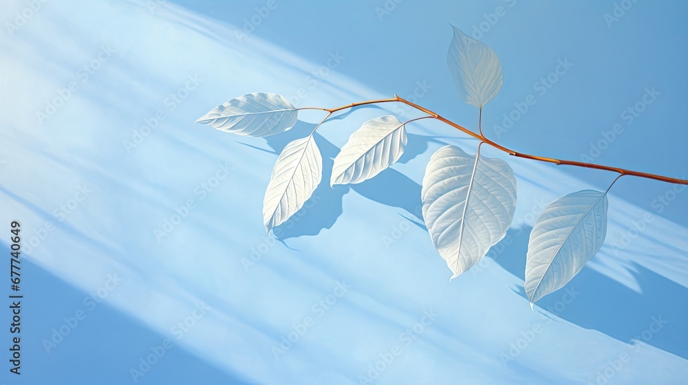 Poster a branch with white leaves on it against a blue sky with a thin thin strip of clouds in the backgrou