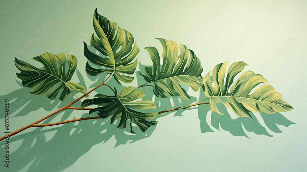 Poster a painting of a branch with green leaves on a green background with a shadow of a leaf on the left s