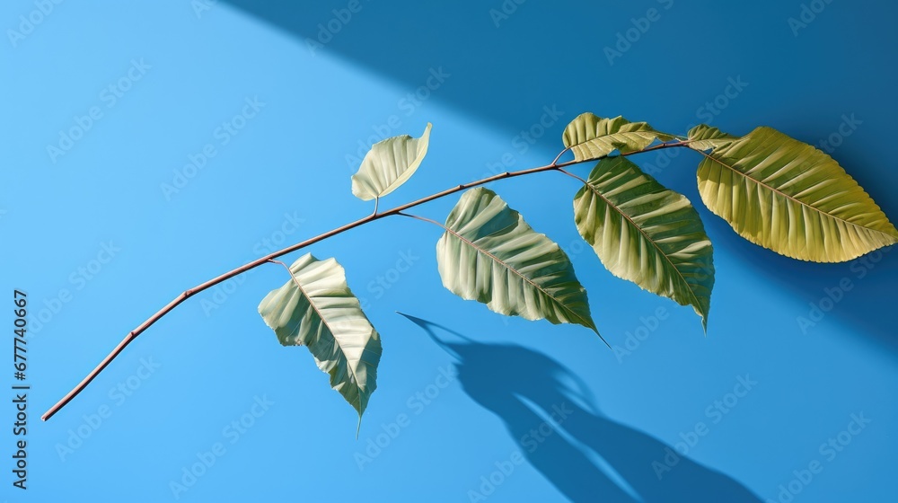 Aufkleber a branch of a tree with green leaves on a blue background with a shadow of a person's hand on the br