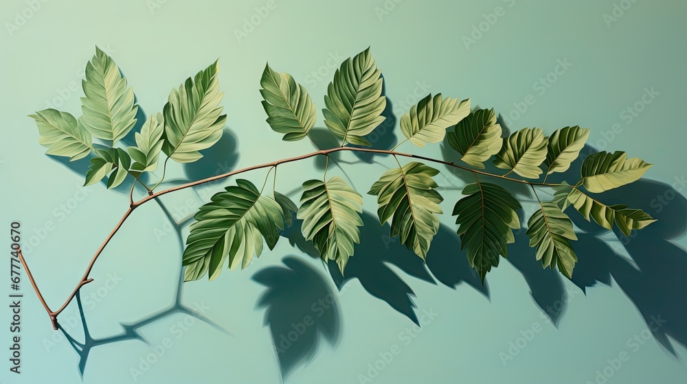 Poster a branch of a tree with green leaves casting a shadow on a blue background with a shadow of a branch