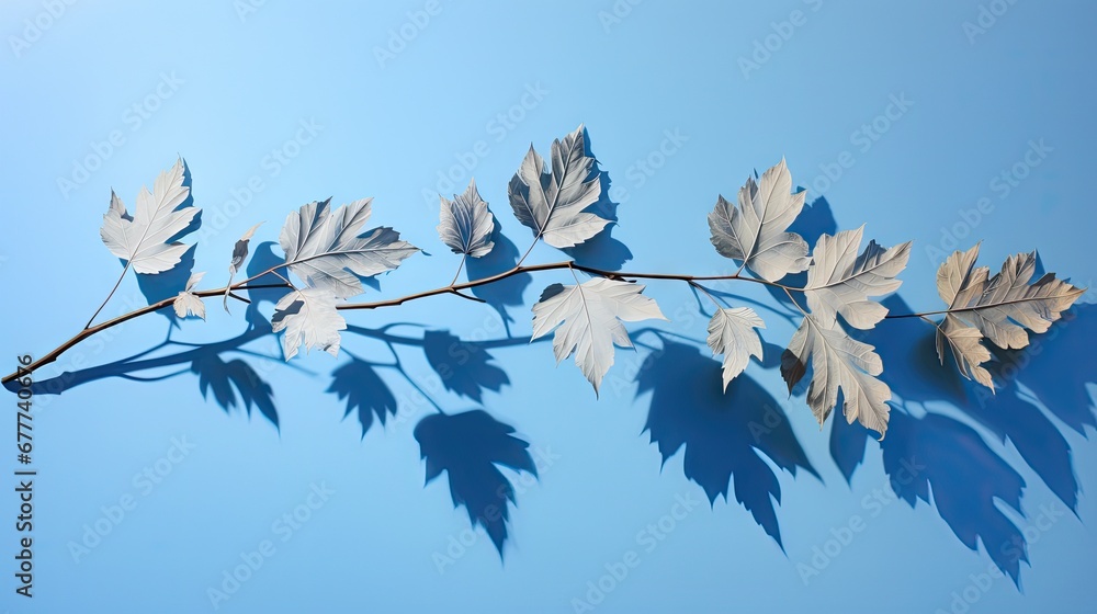 Poster a branch of a tree with leaves casting a shadow on a blue background with a shadow of a branch on th