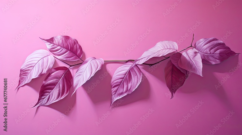 Aufkleber a branch of a plant with leaves on a pink background with a shadow of leaves on a pink background wi