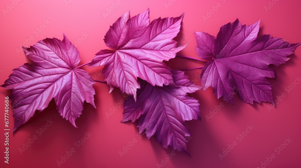 Poster  a group of three purple leaves on a pink background with space for text on the left side of the image and on the right side of the left side of the image is a pink background.  generative ai