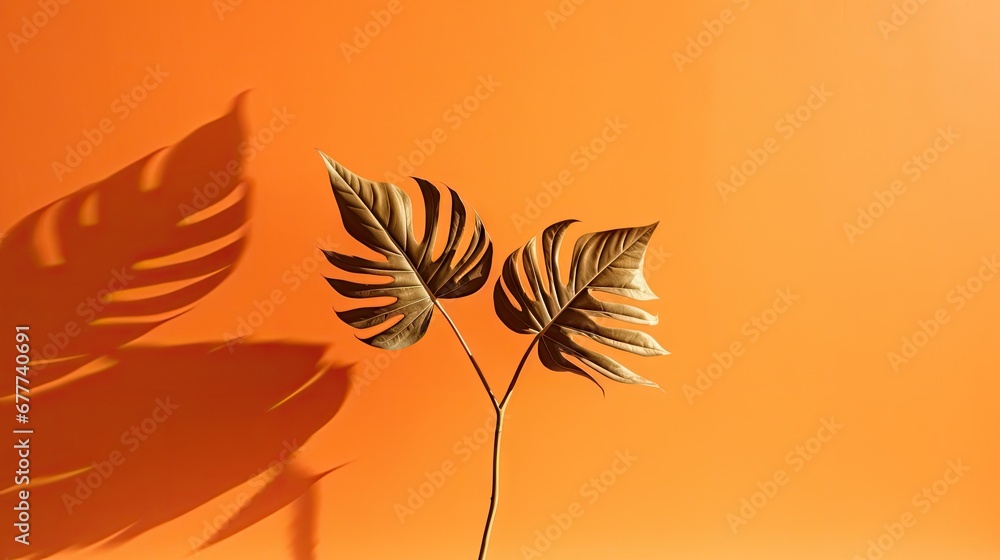 Poster a plant is casting a shadow on an orange background with a shadow of a leaf on the left side of the 