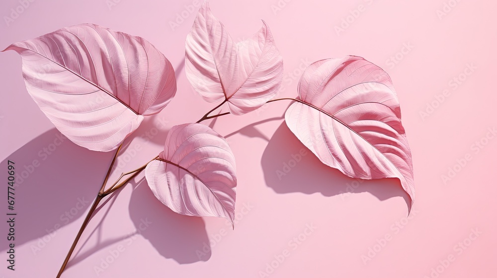 Poster a pink background with three pink leaves on the left side of the image and a pink background with th