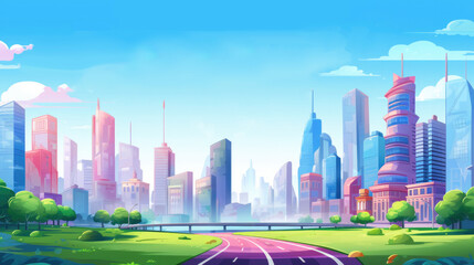 Metropolis, big city road landscape illustration in cartoon style. Scenery background. - obrazy, fototapety, plakaty