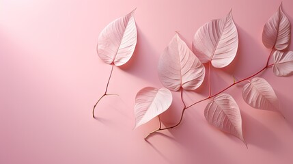  a branch of a plant with leaves on a pink background with a shadow of a plant on the left side of the frame and a pink background with a shadow of leaves on the right side.  generative ai