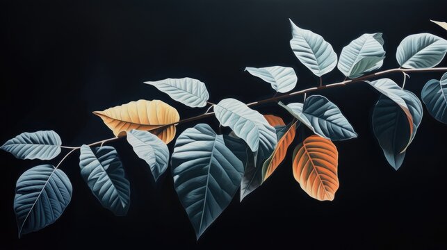  a painting of leaves on a branch on a black background with light coming from the top of the branch and the bottom of the branch withered leaves on the top of the branch.  generative ai