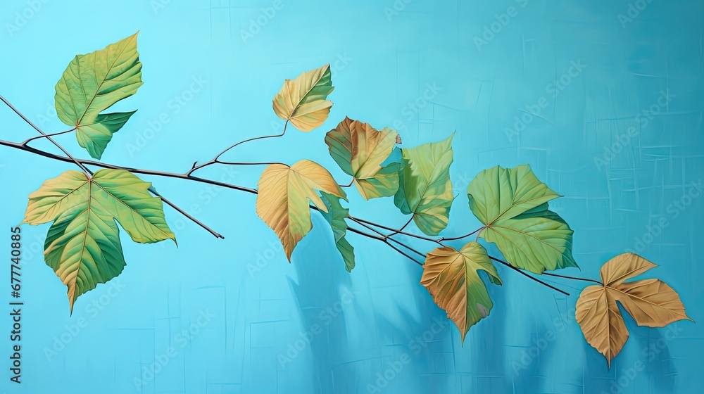 Poster a painting of a branch with leaves on a blue background with a shadow of a person standing in front 