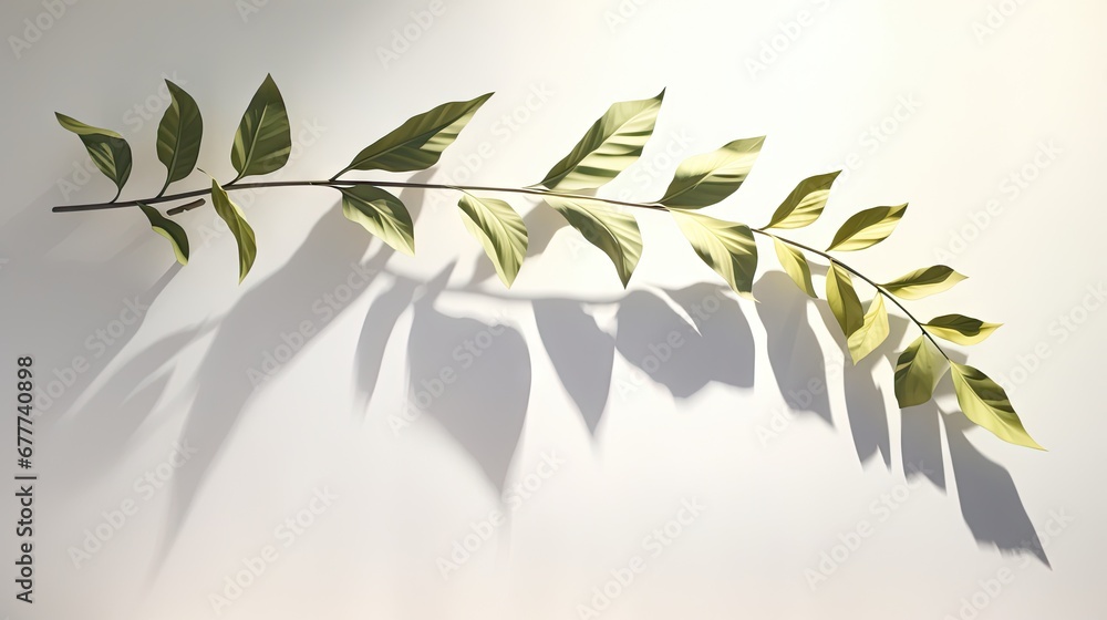 Poster a branch with green leaves casts a shadow on a white wall with a shadow of a leaf on the left side o