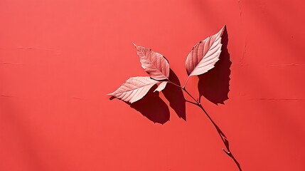  a single leaf on a red wall with a shadow of a single leaf on the wall with a shadow of a single leaf on the wall and a single leaf on the wall.  generative ai