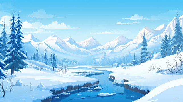 Winter forest, mountain river landscape illustration in cartoon style. Scenery background for game