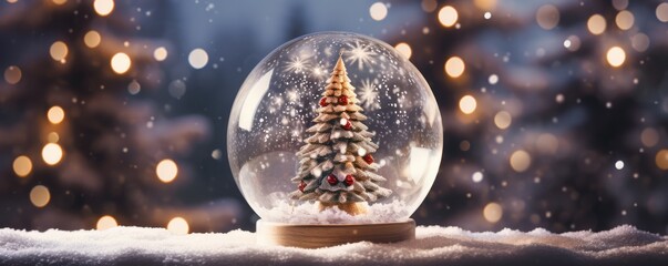 Christmas Tree Shines Inside A Snow Globe Space For Text. Сoncept Holiday Decorations, Winter Wonderland, Festive Atmosphere, Magical Snowfall, Cozy Home