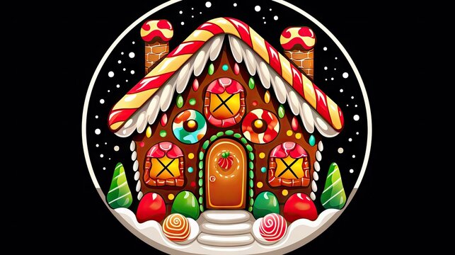  a picture of a gingerbread house with candy and candies on the front and side of the house in a circle on a black background with snow and white border.  generative ai