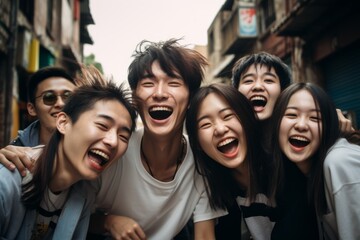 Group of young Asians laughing at the camera - obrazy, fototapety, plakaty