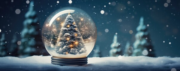 Shiny Christmas Tree Inside A Snow Globe Space For Text. Сoncept Winter Wonderland, Festive Decorations, Magical Holiday Atmosphere, Festive Season Joy, Sparkling Christmas Tre - obrazy, fototapety, plakaty