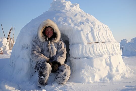 Eskimo at the entrance of an igloo