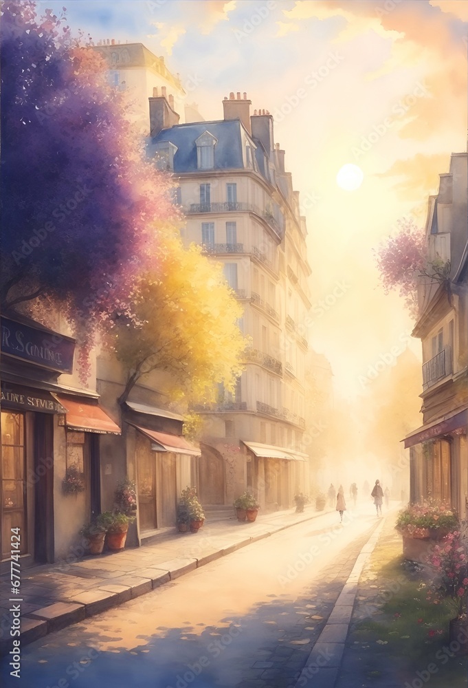 Wall mural old street in paris. watercolor style. ai generated illustration