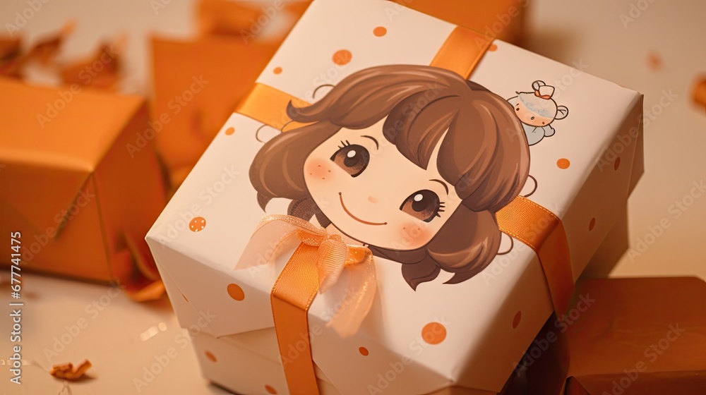 Poster a close up of a gift box with a cartoon character on the front and a bow on the back of the box and 