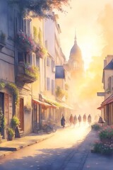 Fototapeta na wymiar Old street in Paris. Watercolor style. AI generated illustration
