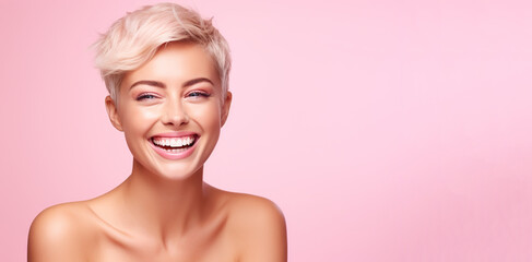 Obraz na płótnie Canvas Portrait of young happy woman. Short blond hair style. Skin care beauty, skincare cosmetics, dental concept. Isolated over bright pink background.
